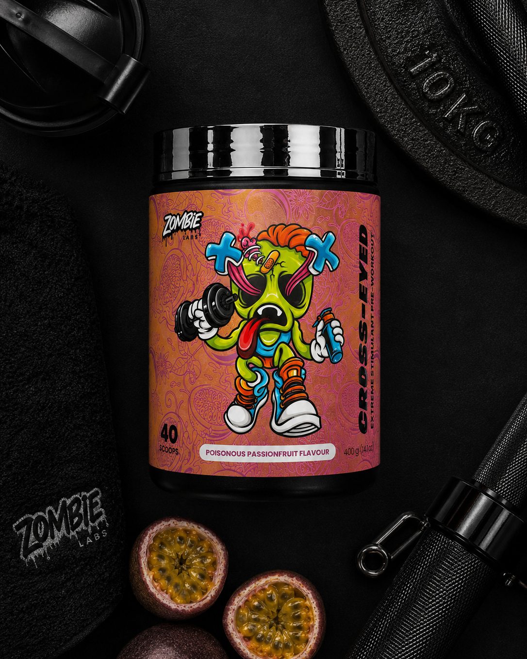 Supplement container with colorful label featuring a cartoon character on a dark background