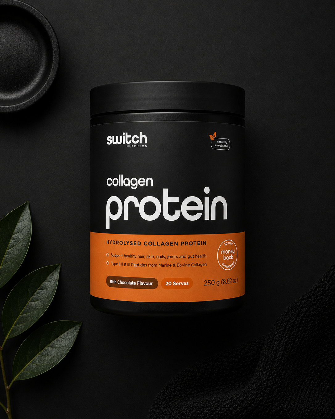 Container of switch collagen protein on a dark background