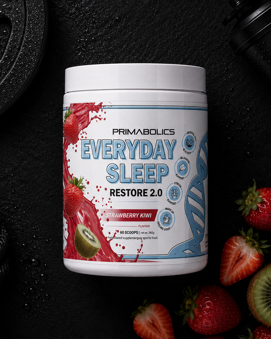 Primabolics Everyday Sleep supplement container with strawberries and kiwis on a dark background