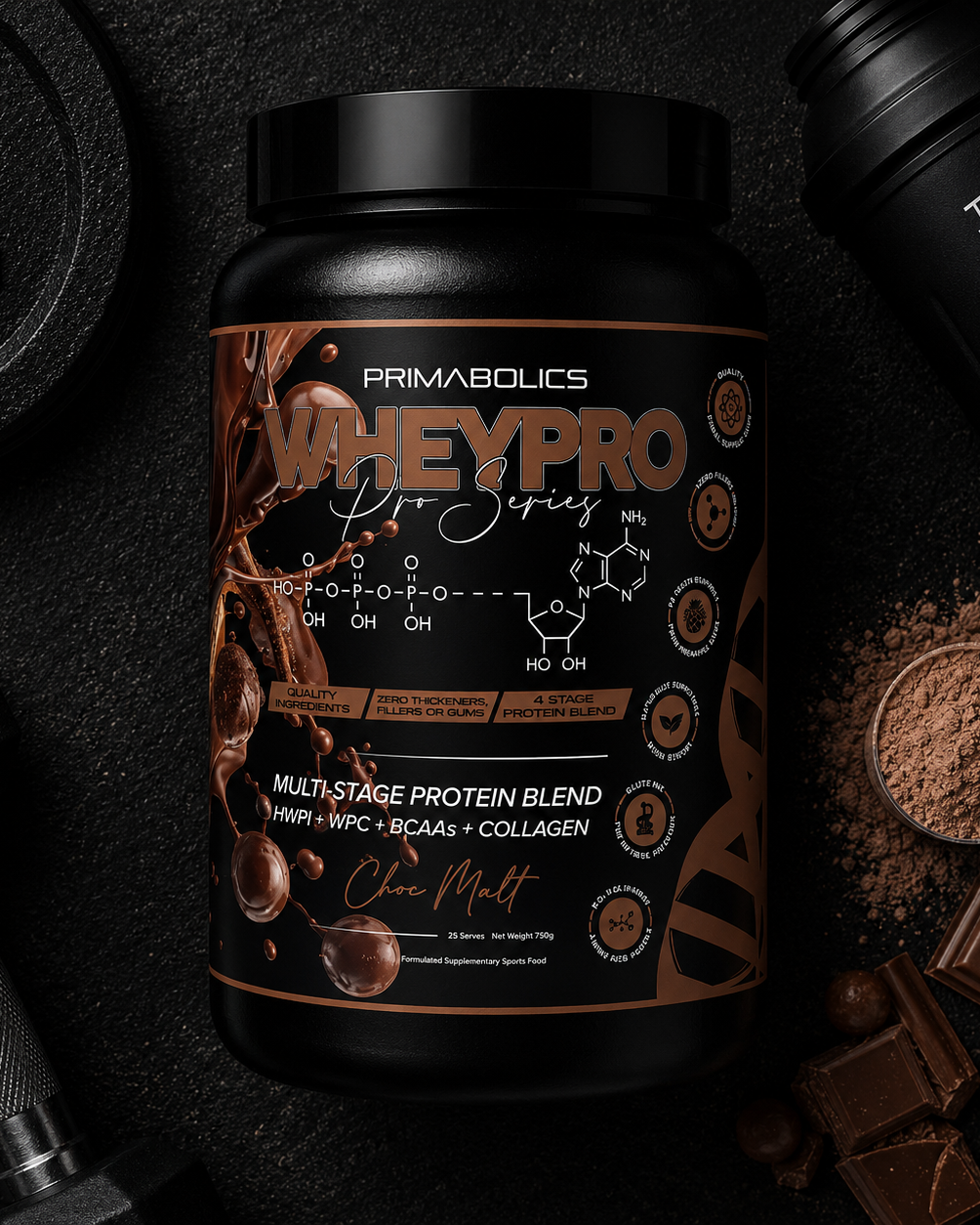 Whey protein supplement container with chocolate flavor on a dark background