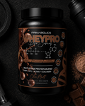 Whey protein supplement container with chocolate flavor on a dark background