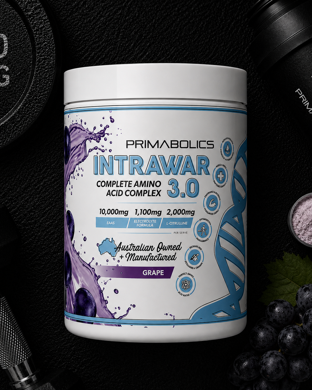 Primabolics Intrawar Complete Amino Acid Complex 3.0 container with gym equipment in the background