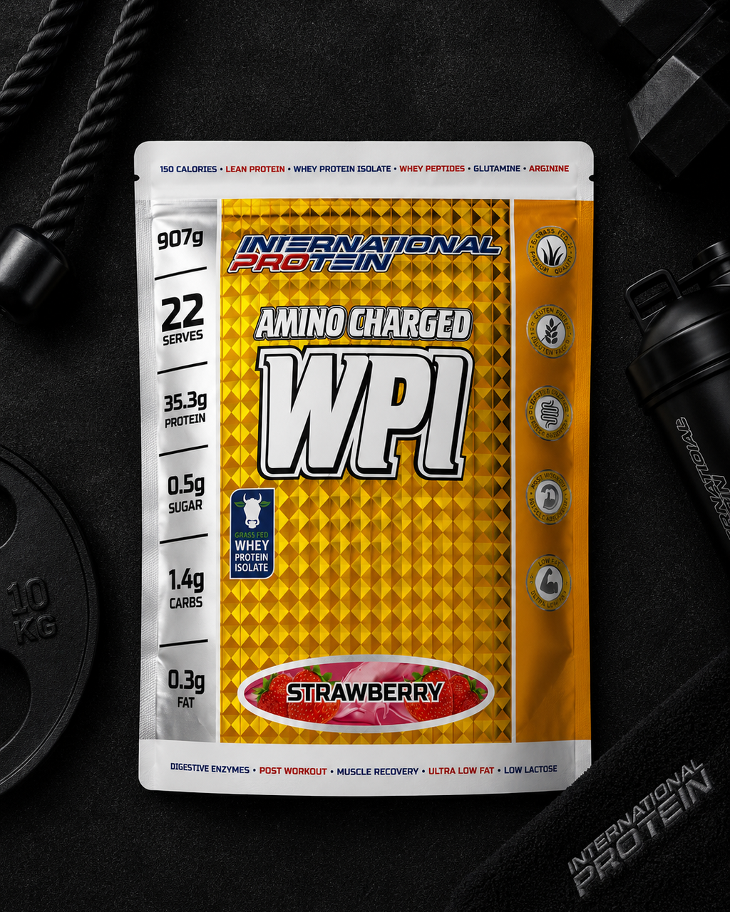 International Protein WPI powder package on a dark background