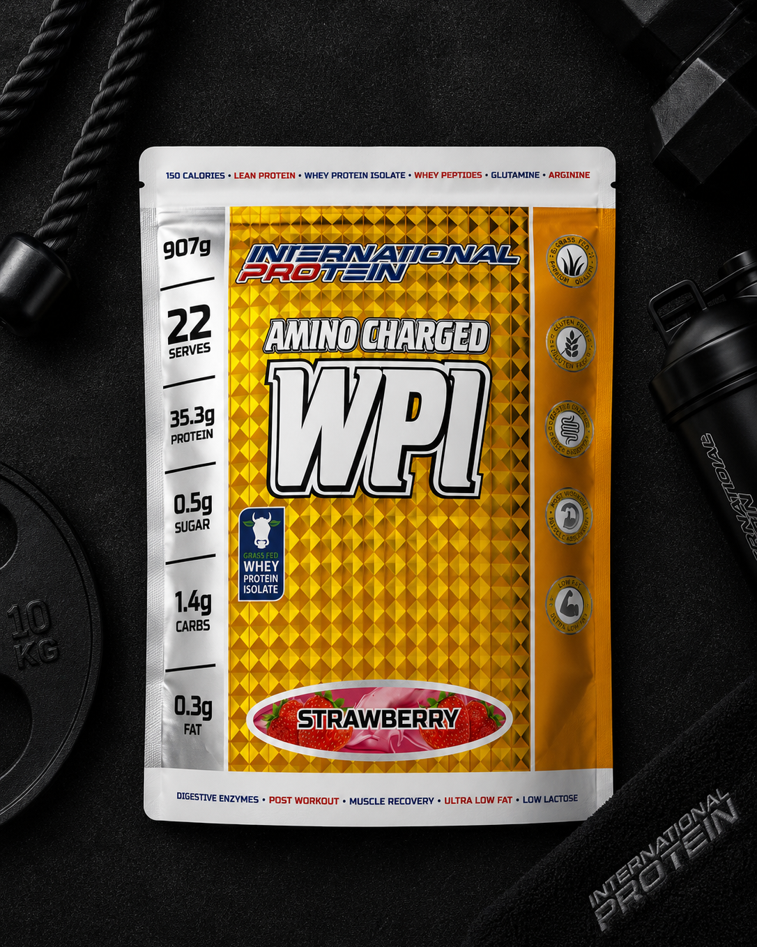 International Protein WPI powder package on a dark background