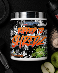International Protein Ripped to Shredz supplement container with gym equipment and apples in the background