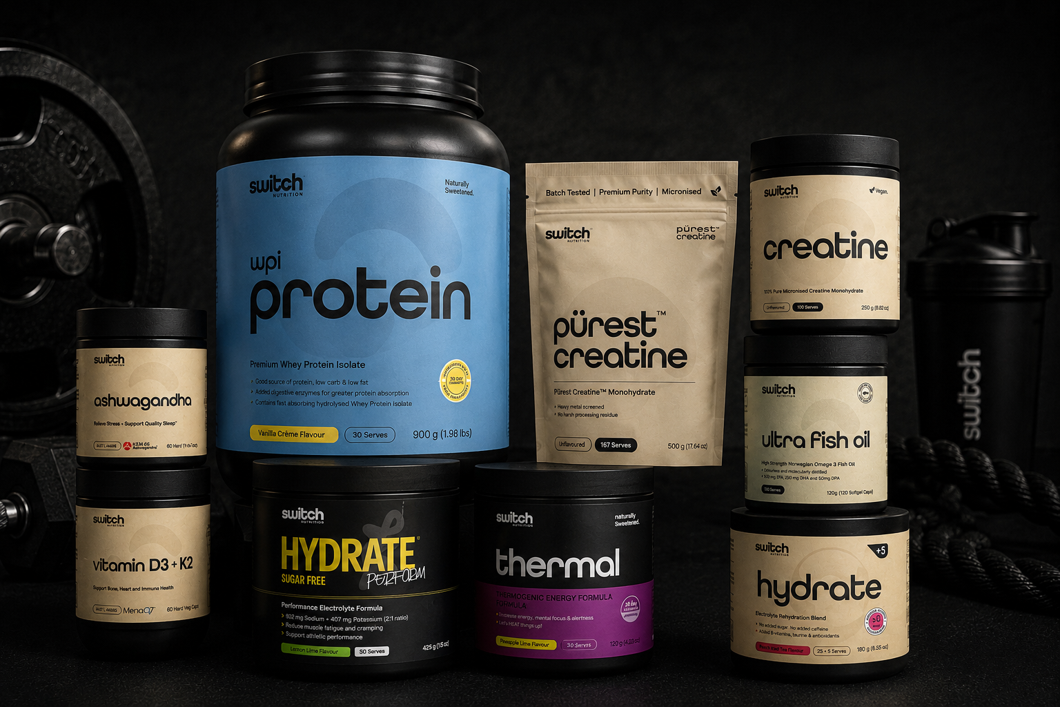 Collection of Swich health and fitness products including protein powder, creatine, and oils on a dark background.