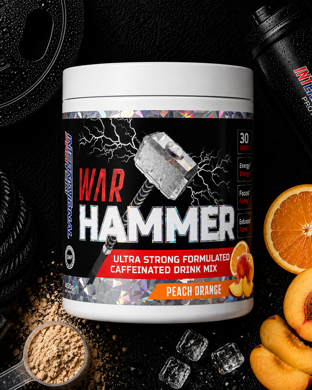 War Hammer caffeine drink mix container with peaches, oranges, and gym equipment on a dark background