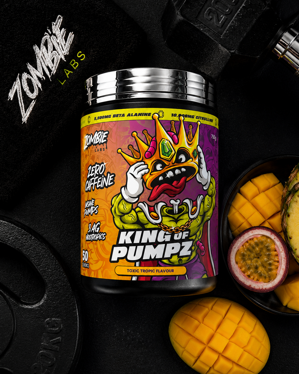 Supplement container labeled 'King of Pumpz' from Zombie Labs with tropical fruits on a dark background.
