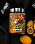 Supplement container labeled 'King of Pumpz' from Zombie Labs with tropical fruits on a dark background.