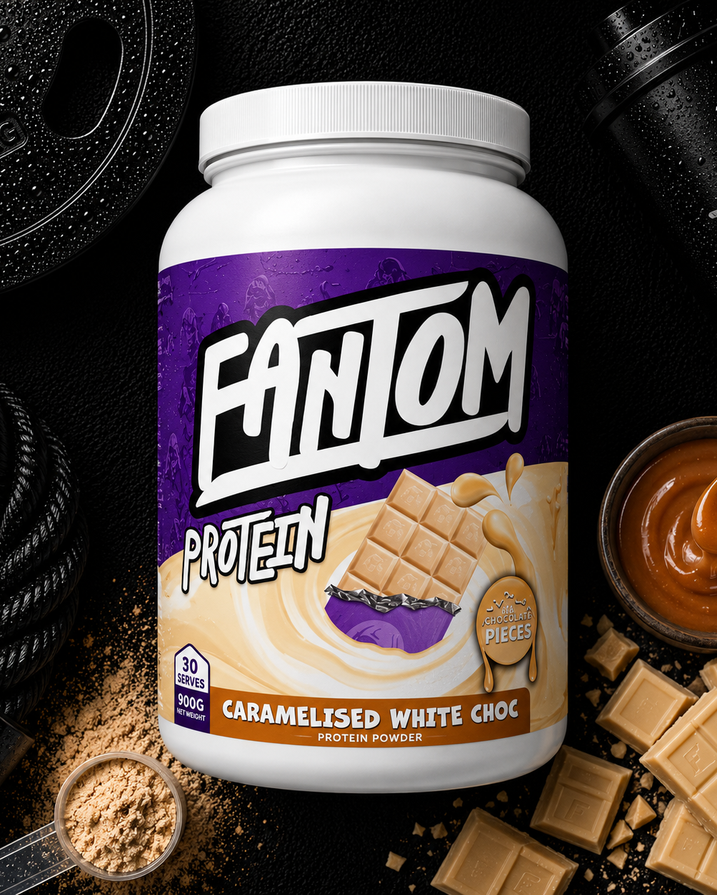 Fantom Protein powder container with caramelised white chocolate flavor on a dark background with protein powder and chocolate pieces.