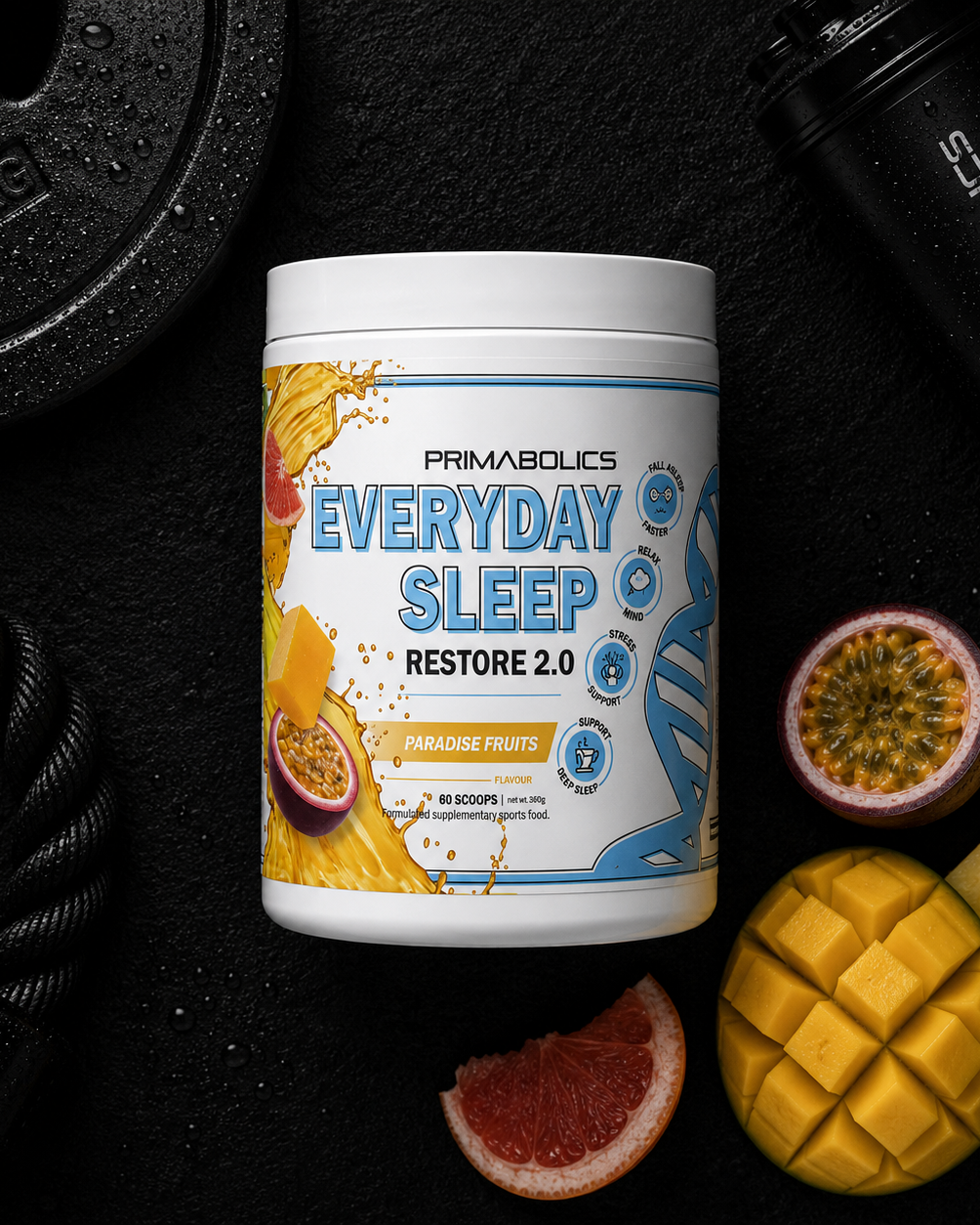 Primabolics Everyday Sleep Restore 2.0 supplement container with fruits on a dark background