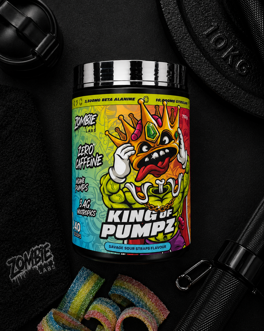 Colorful supplement container labeled 'King of Pumpz' with gummy worms on a black background.