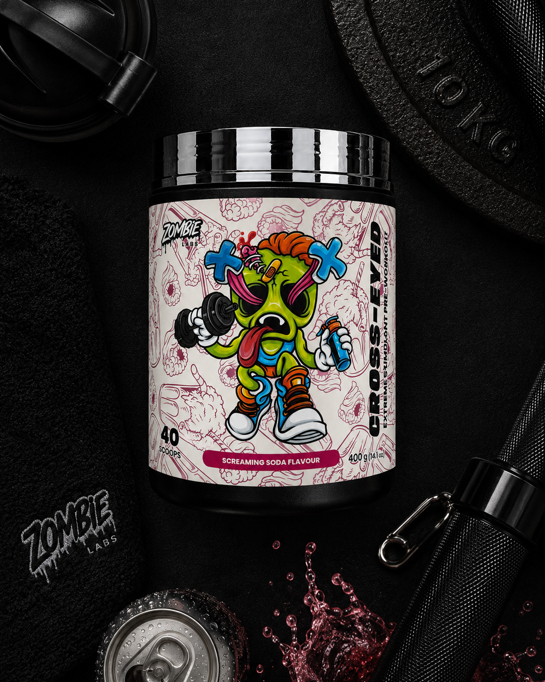 Supplement container with colorful label featuring a cartoon character on a dark background.