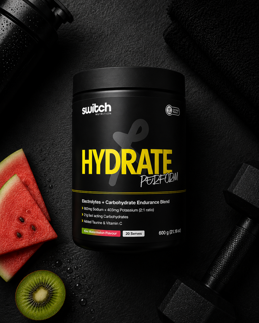 Switch Nutrition Hydrate Perform supplement container with watermelon and kiwi on a dark background