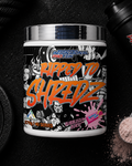 International Protein Ripped to Shredz supplement container with protein powder scoop and weight on a dark background