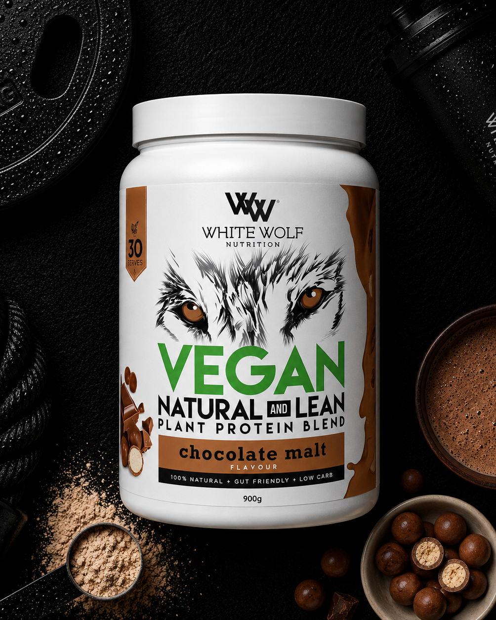 White Wolf Nutrition Vegan Natural & Lean Plant Protein Blend container with ingredients on a dark background