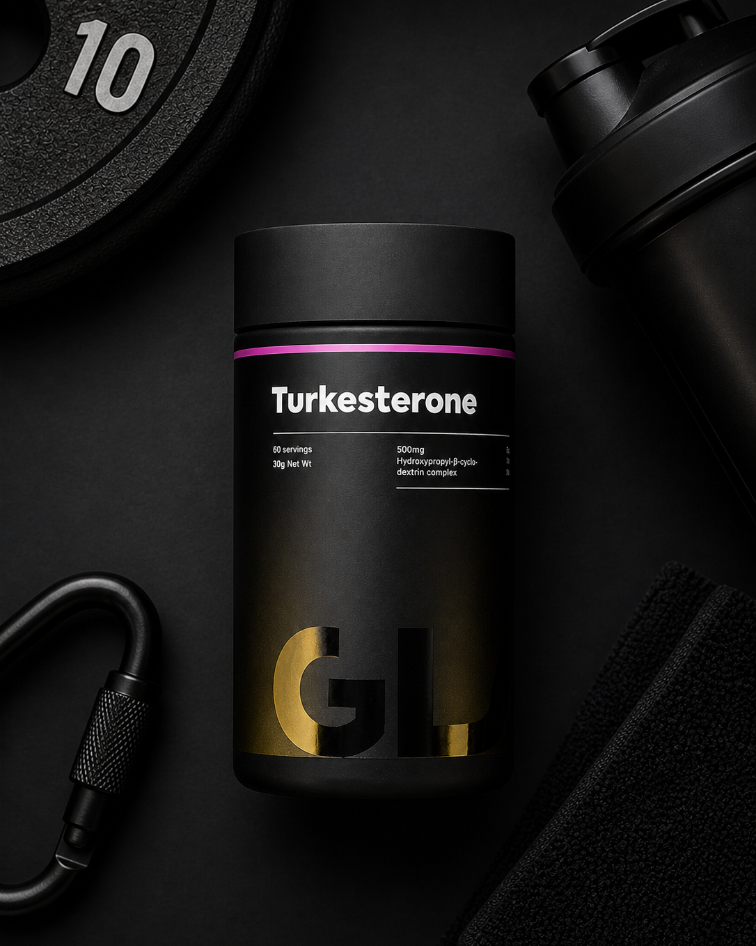 Black supplement container labeled 'Turkesterone' with gym equipment on a dark background