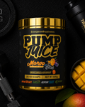 Supplement container labeled 'Pump Juice Mango' with fitness equipment and mango pieces on a dark background