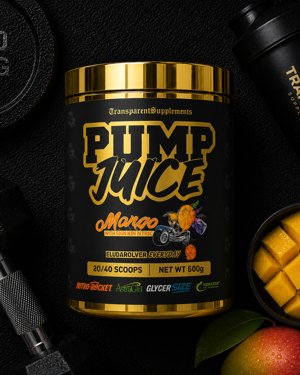 Supplement container labeled 'Pump Juice Mango' with fitness equipment and mango pieces on a dark background