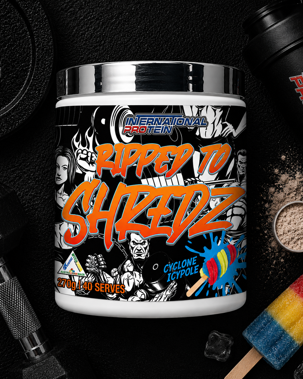 International Protein Ripped to Shredz supplement container with gym equipment in the background
