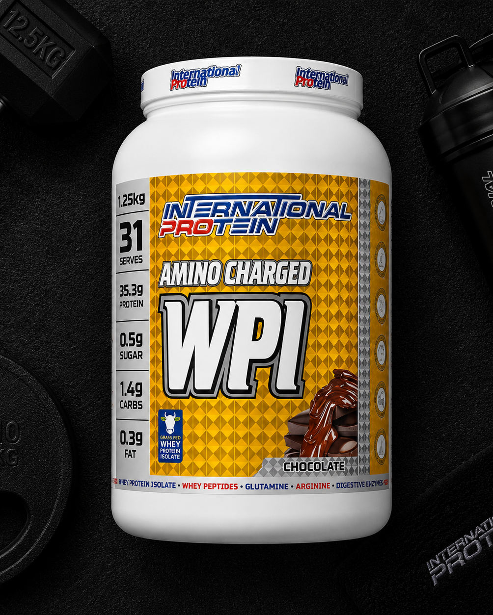 International Protein WPI supplement container with gym equipment on a dark background