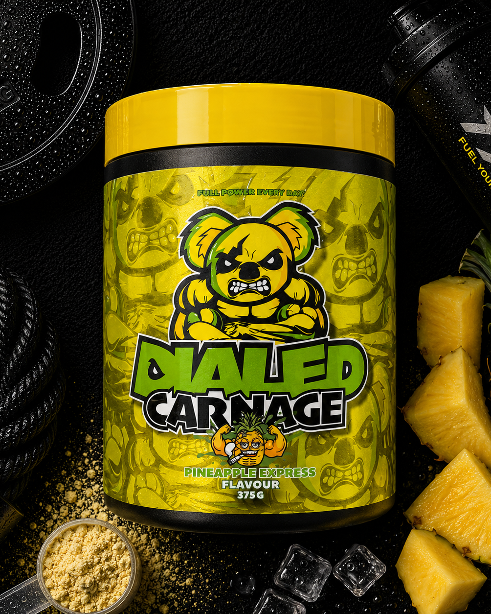 Supplement container labeled 'Daled Carnage' with pineapple and measuring spoon on a dark background