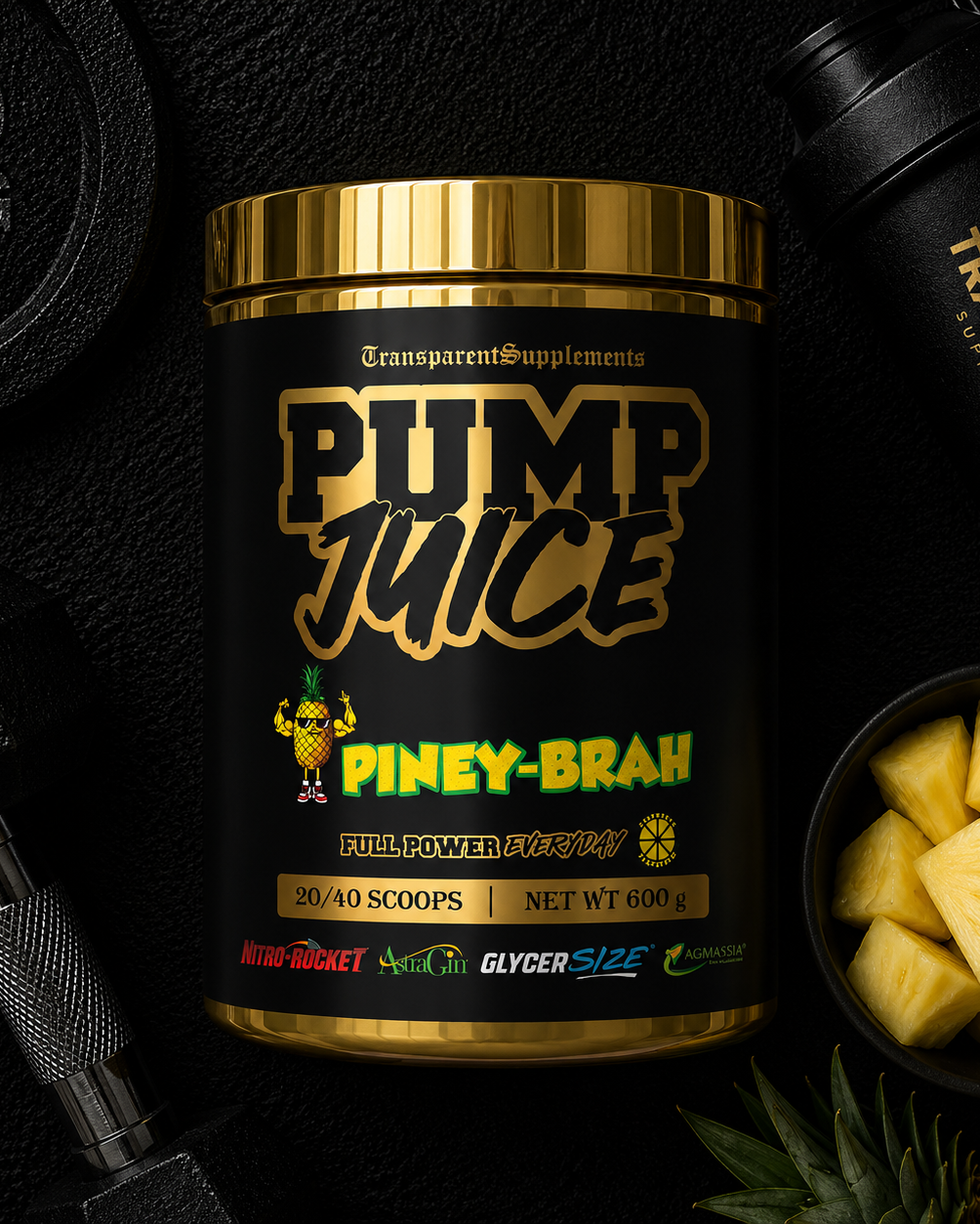 Supplement container labeled 'Pump Juice Piney-Brah' with pineapple pieces and gym equipment in the background.