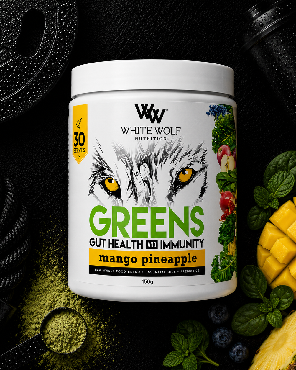 White Wolf Nutrition Greens supplement container with mango and pineapple on a dark background