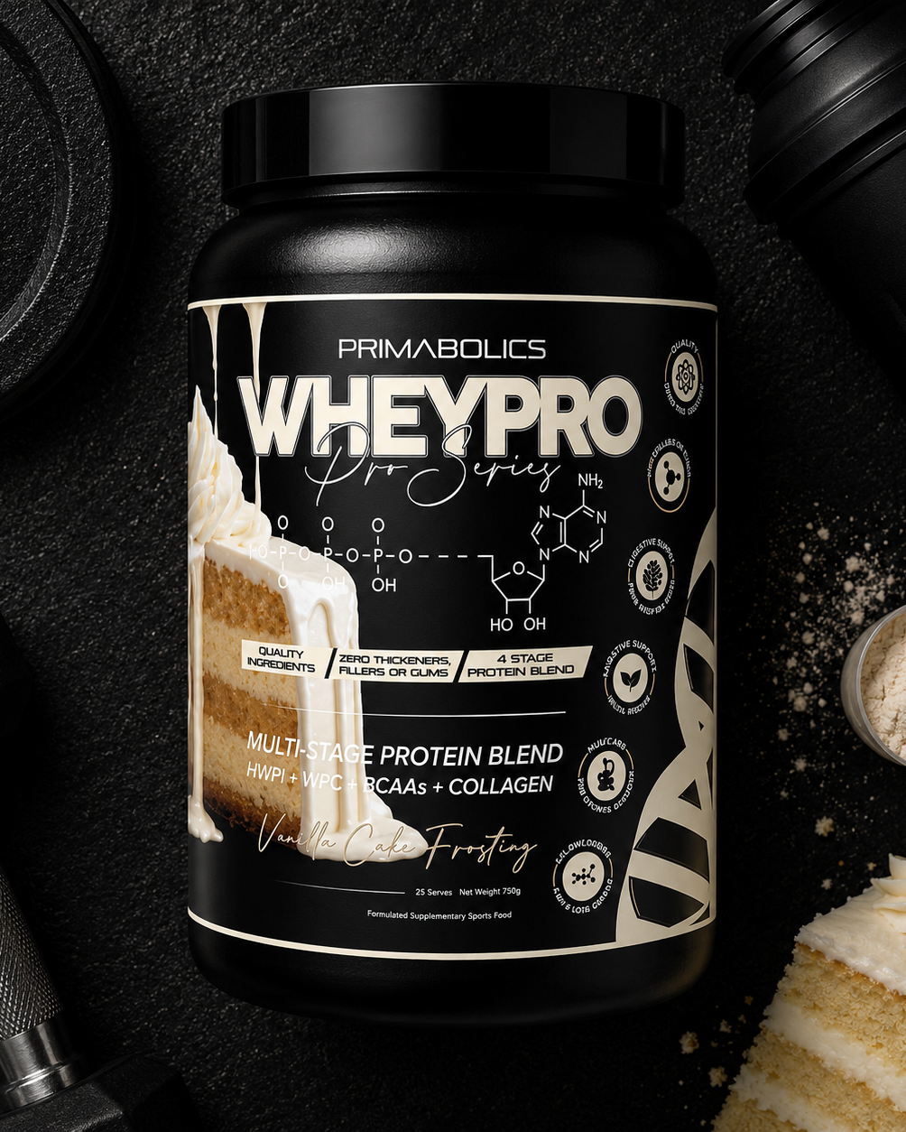 Primabolics WheyPro protein supplement container with cake and gym equipment on a dark background