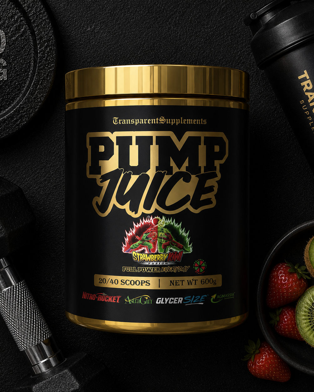 Supplement container labeled 'Pump Juice' with fitness equipment and fruits on a dark background