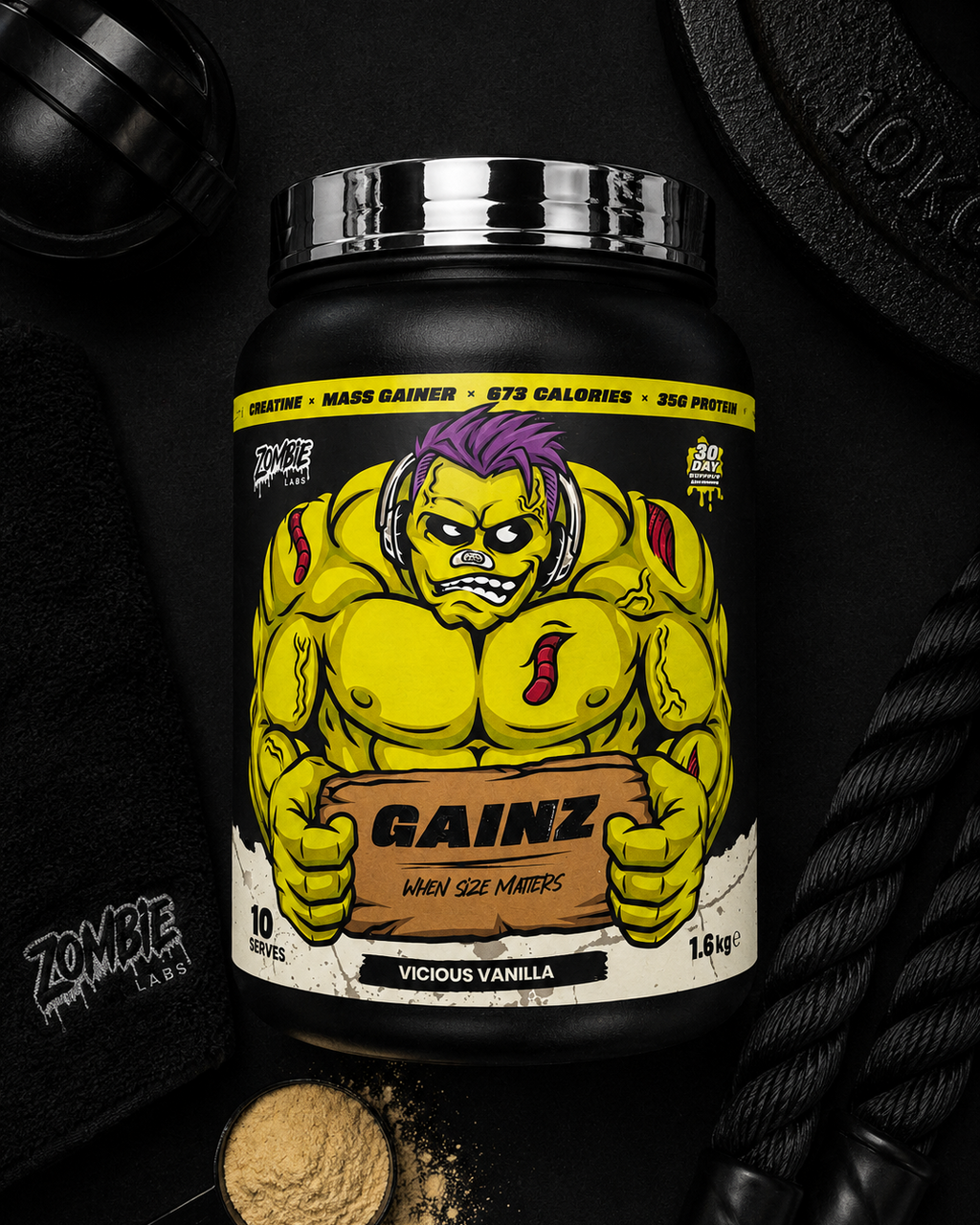 Supplement container with a cartoon character label on a dark background