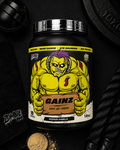Supplement container with a cartoon character label on a dark background