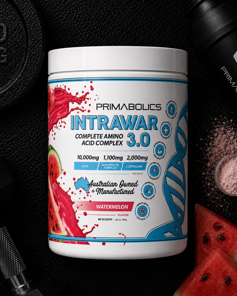 Primabolics Intrawar supplement container with watermelon flavor on a dark background