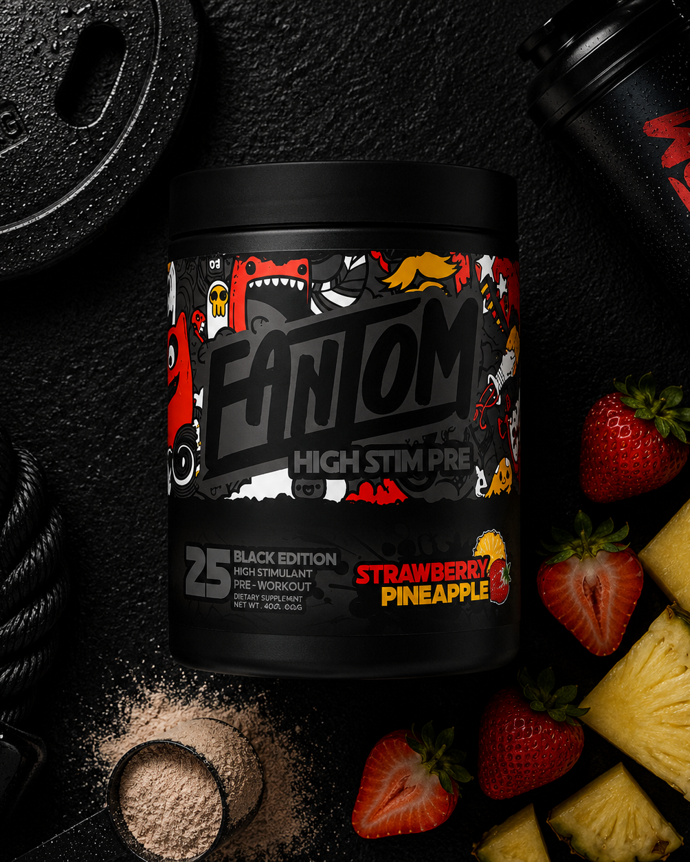 Pre-workout supplement container with strawberry pineapple flavor on a dark background with fitness equipment and fruits.