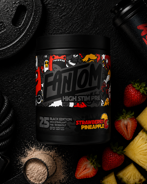 Pre-workout supplement container with strawberry pineapple flavor on a dark background with fitness equipment and fruits.