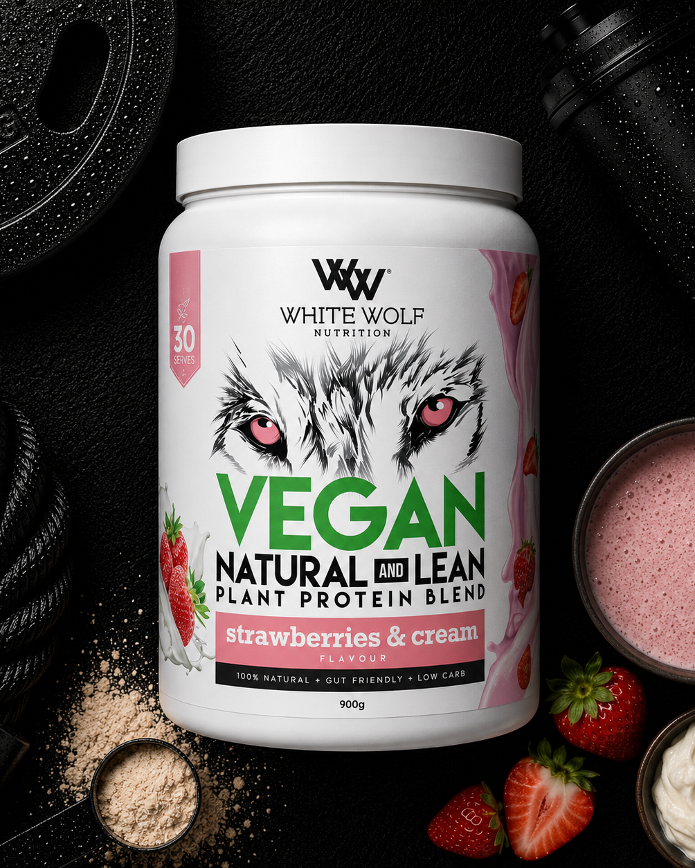 White Wolf Nutrition Vegan Protein Blend container with strawberries and cream flavor on a black background.