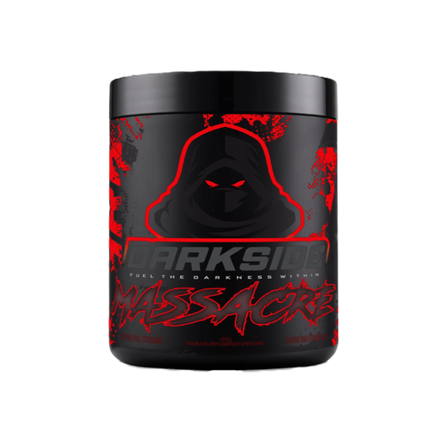 Black and red supplement container with 'Darkside Massacre' branding on a white background