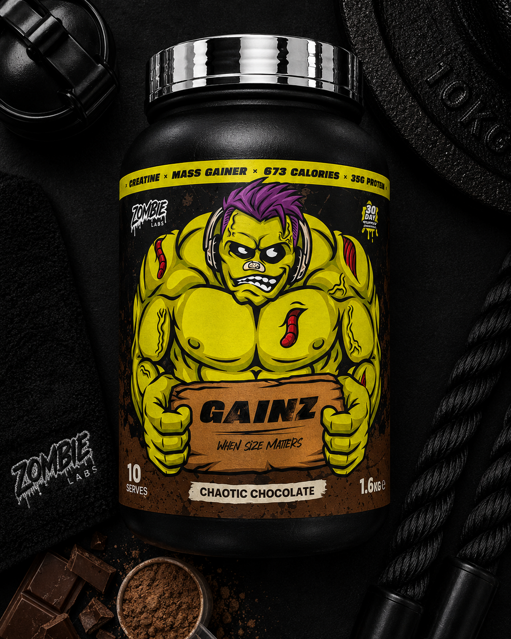 Supplement container with a colorful label featuring a character holding a 'Gainz' sign, surrounded by chocolate and gym equipment.