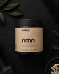 NMN supplement container with 'switch nutrition' branding on a dark background