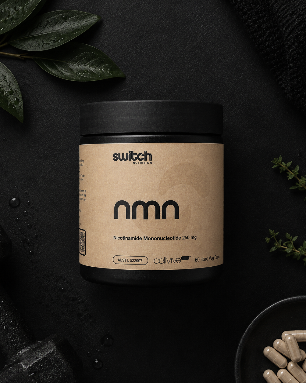 NMN supplement container with 'switch nutrition' branding on a dark background