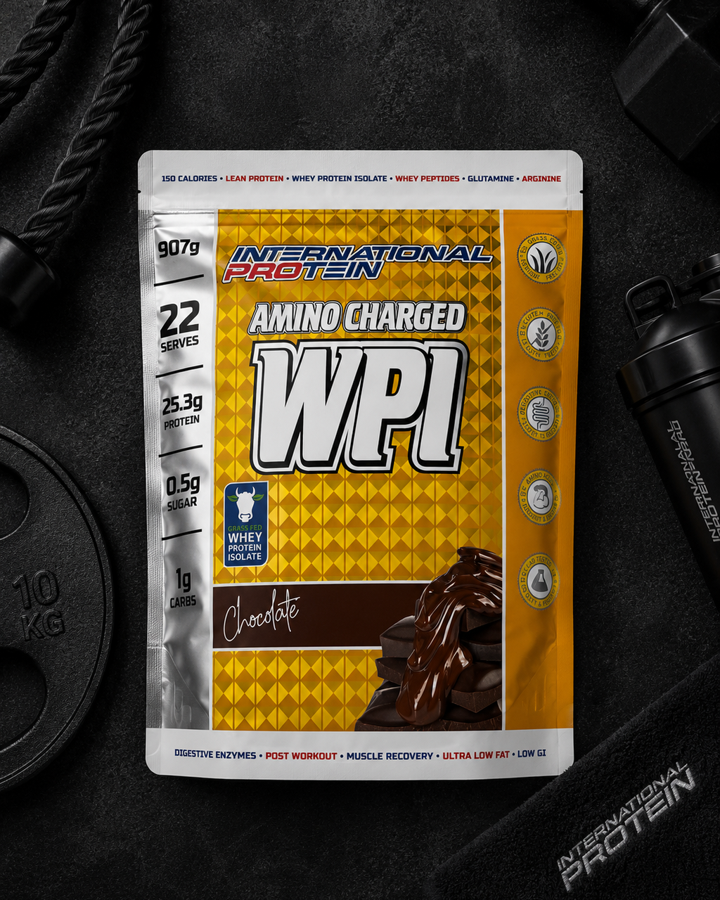 International Protein WPI package on a dark background with gym equipment.