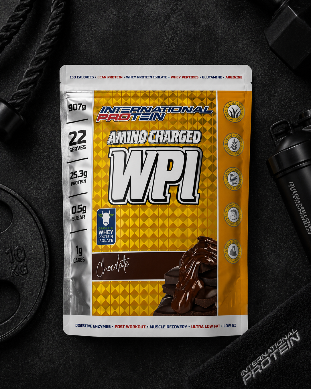 International Protein WPI package on a dark background with gym equipment.