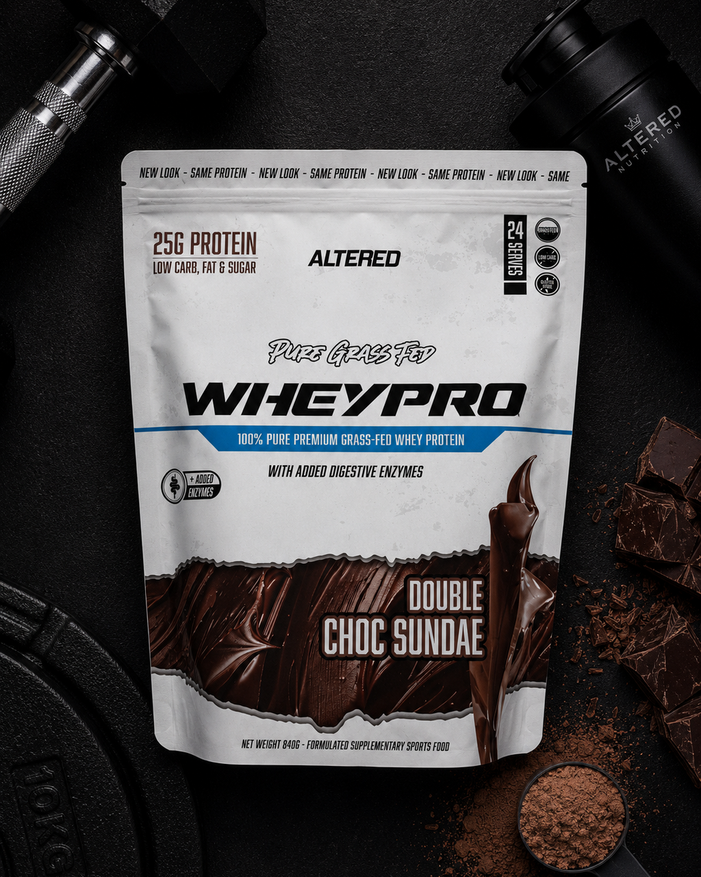 Whey protein package with chocolate flavor on a dark background
