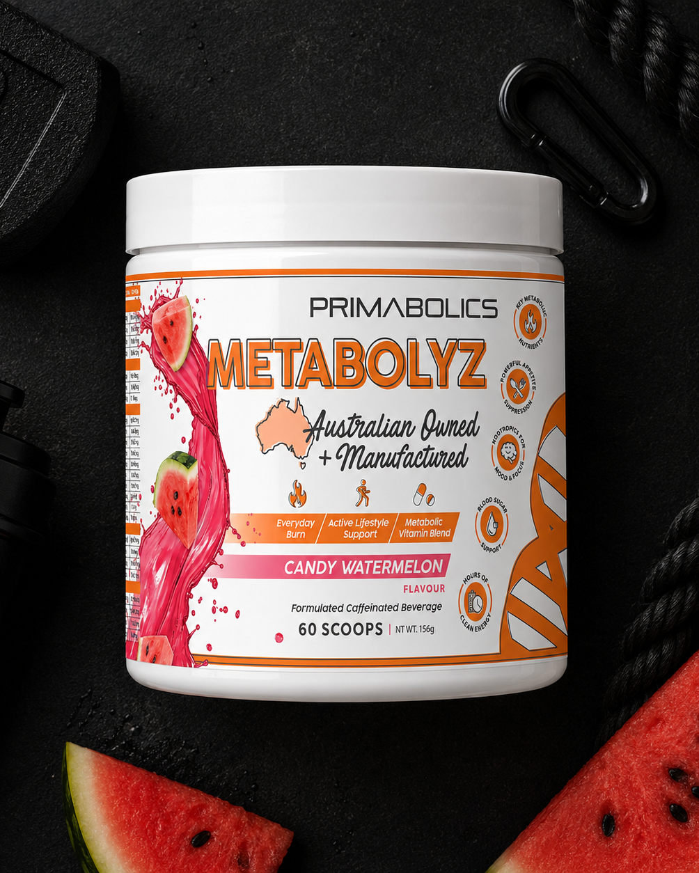 Primabolics Metabolyz supplement container with watermelon slices and gym equipment on a dark background