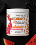 Primabolics Metabolyz supplement container with watermelon slices and gym equipment on a dark background