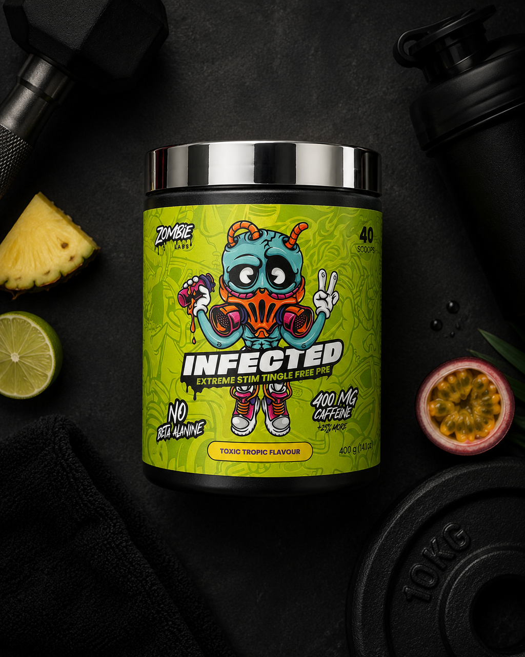 Supplement container labeled 'Infected' on a dark background with gym equipment and fruits.