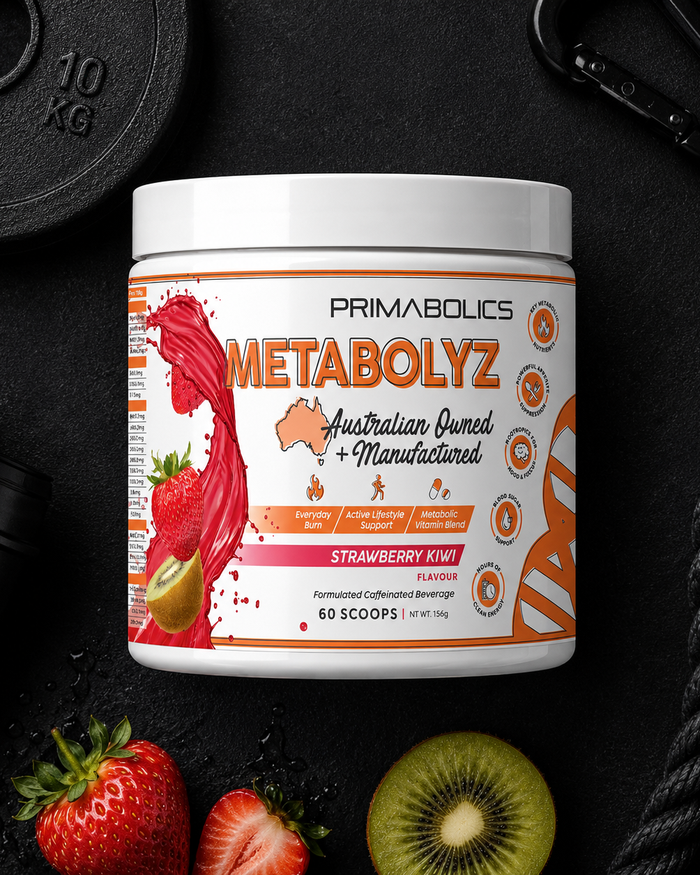 Primabolics Metabolyz supplement container with strawberries and kiwi on a dark background