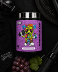 Purple supplement container with colorful design on a black background