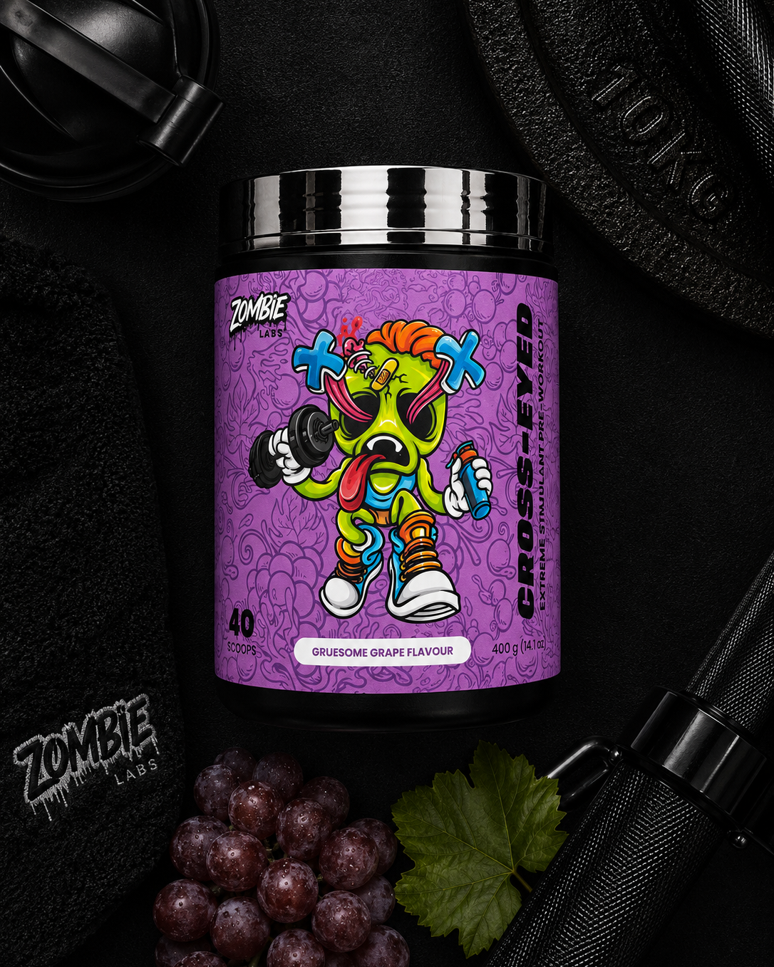 Purple supplement container with colorful design on a black background