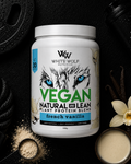 White Wolf Nutrition Vegan Protein Blend container with vanilla flower and protein powder on a dark background